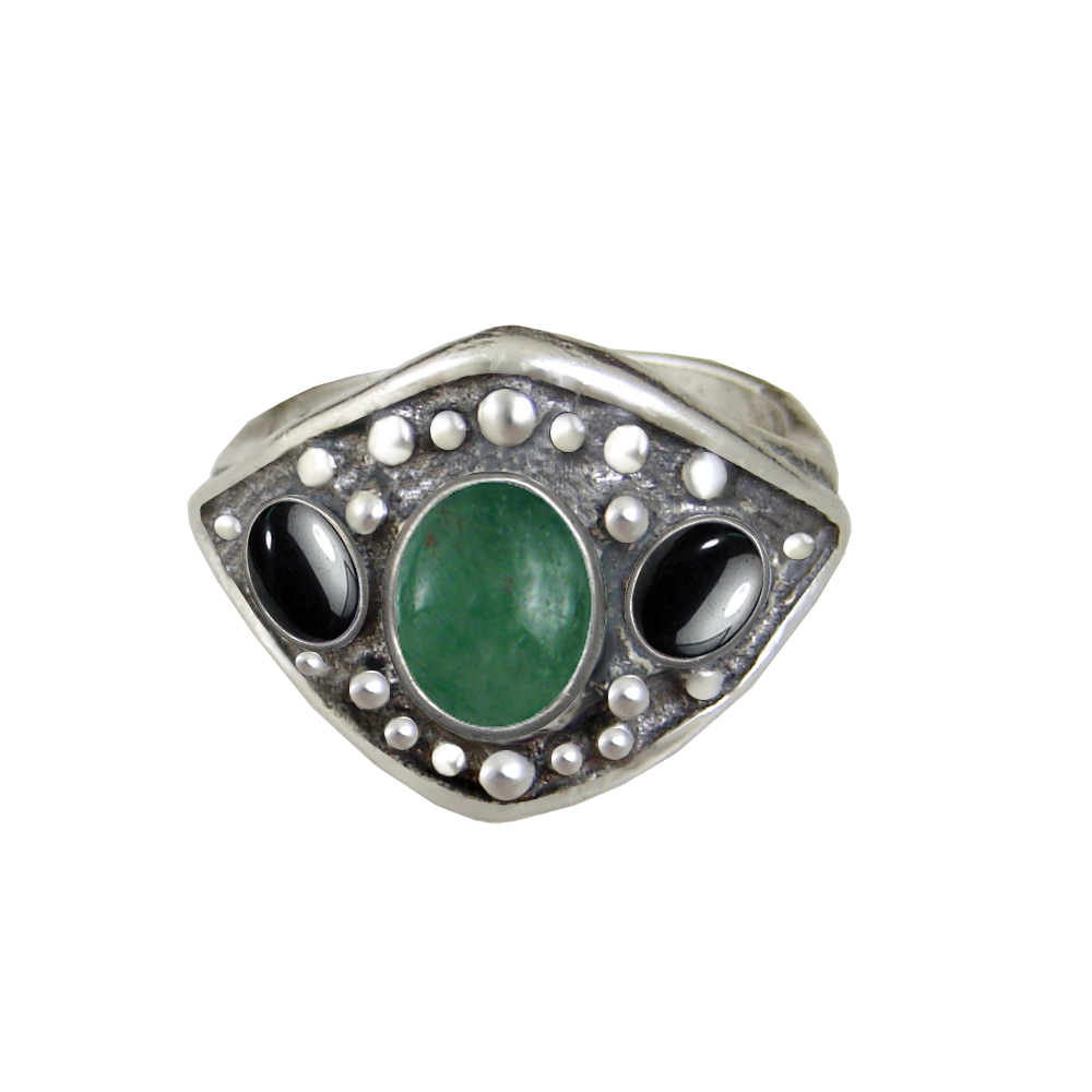 Sterling Silver Medieval Lady's Ring with Jade And Hematite Size 8